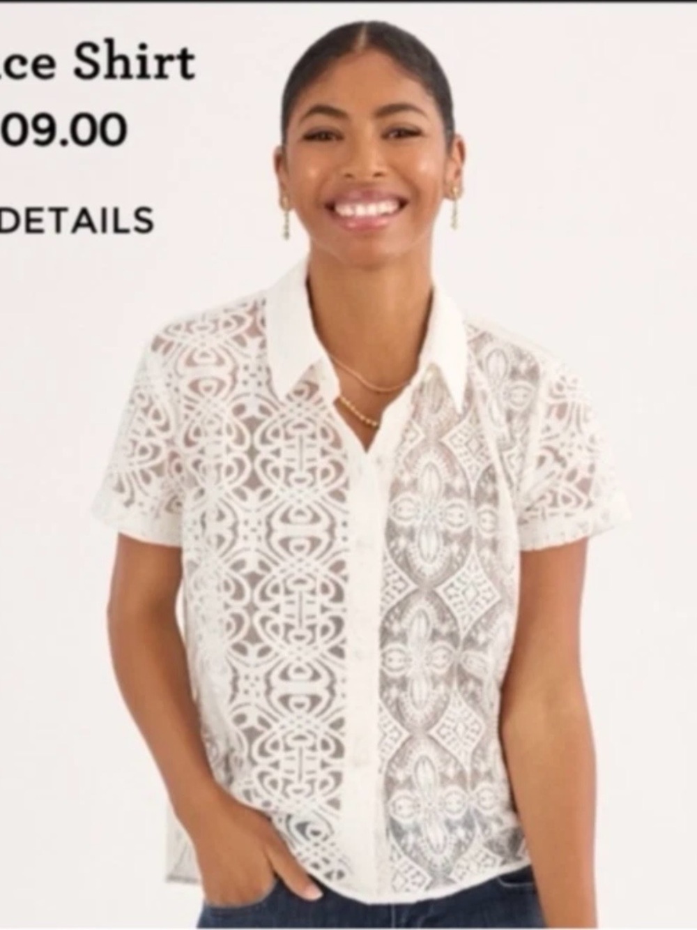 Women's White Lace Short-Sleeve Button-Up Shirt 6716 Large NWOT